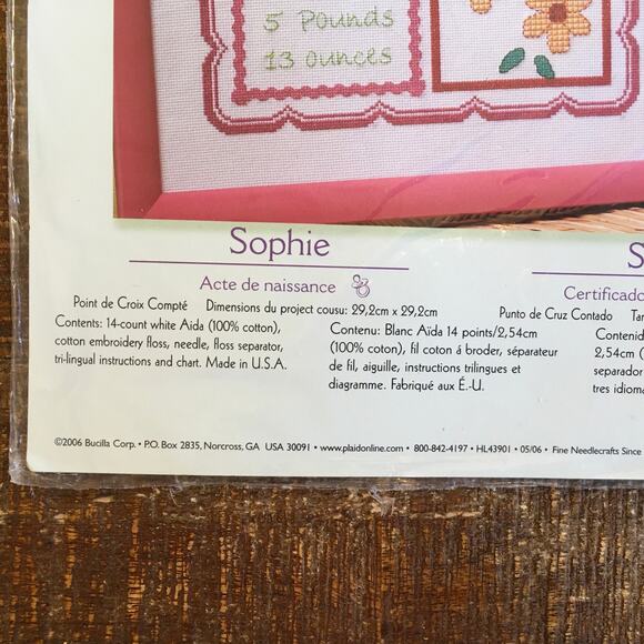 Bucilla Birth Record Announcement Baby Girl Counted Cross Stitch Sophie NEW - Picture 4 of 4
